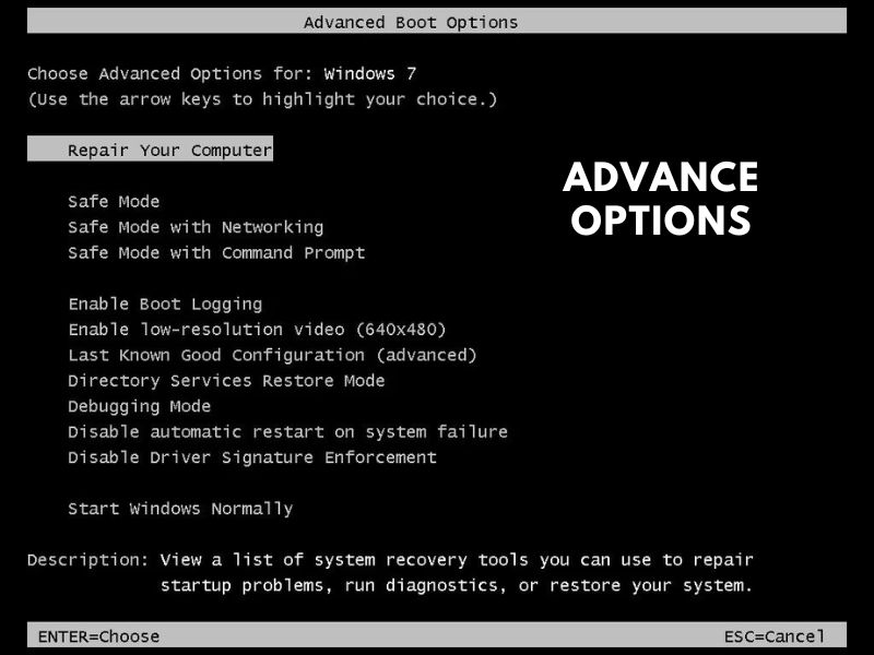 advance options - restoring windows 7 to factory default setting